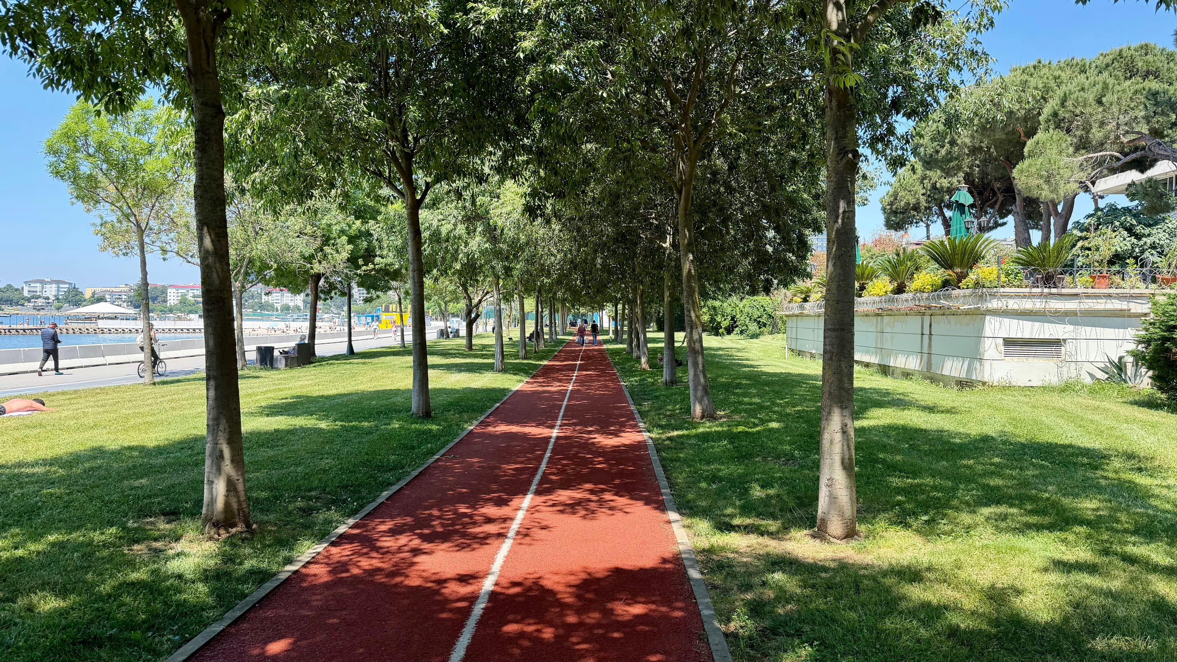 Piste de course rouge dans un parc bordé d'arbres et d'eau